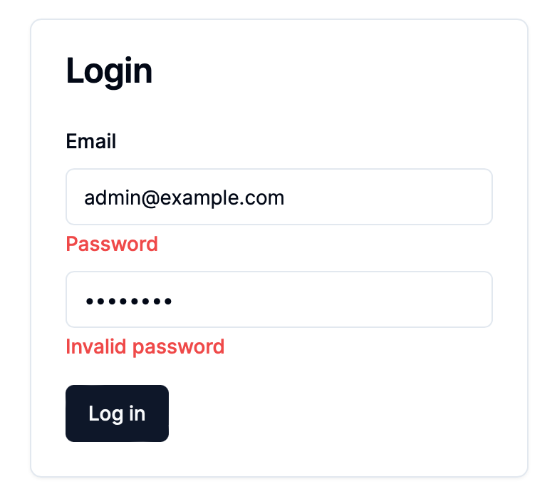 login form with invalid password